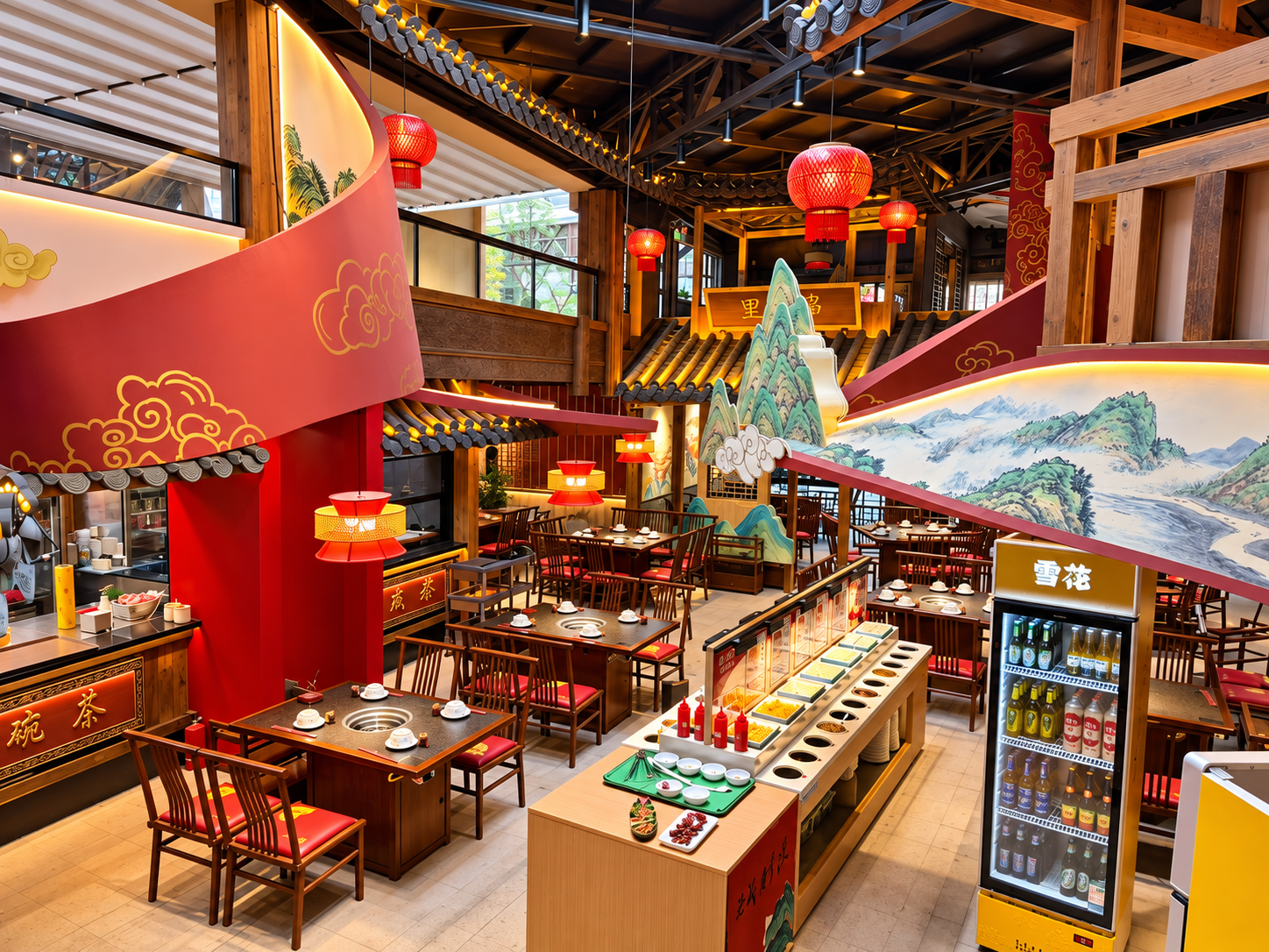 川万里成都火锅店内空间与调料台